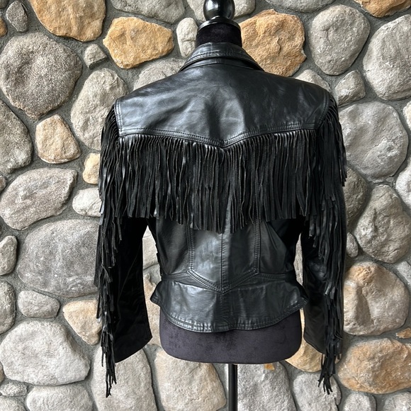 GIII Black Leather Fringe Moto Jacket Size‎ Large - Picture 7 of 16